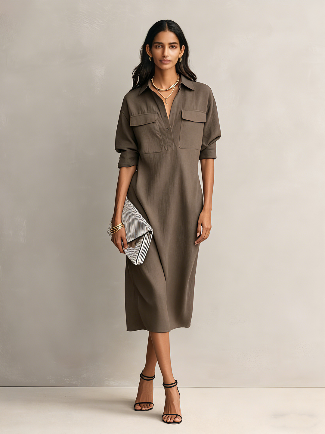 Vestito midi con colletto in cotone e lino
