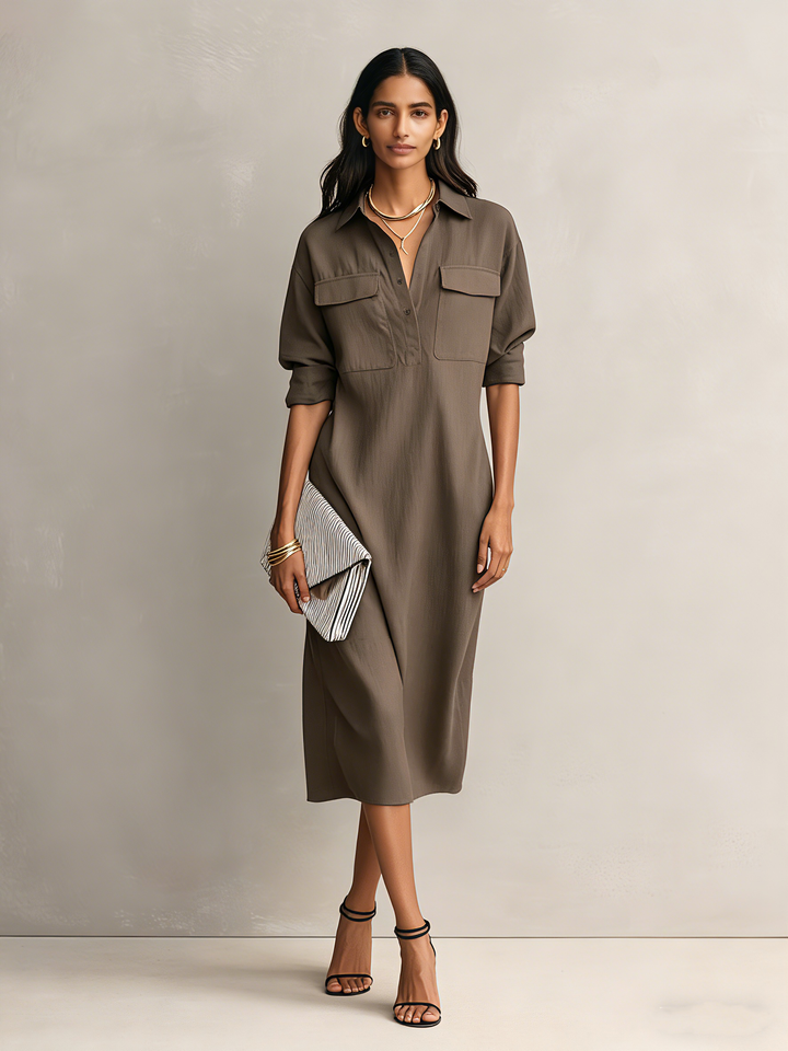 Vestito midi con colletto in cotone e lino
