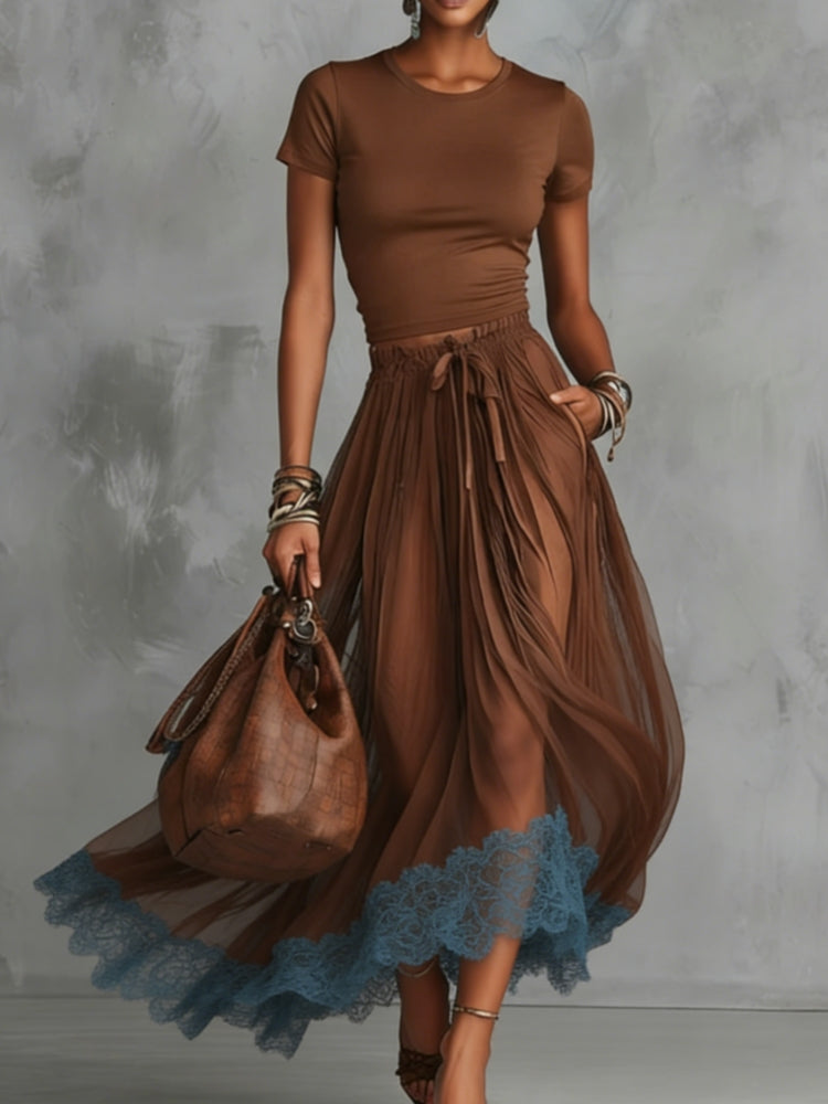 Ensemble jupe en tulle marron et bleu à dentelle
