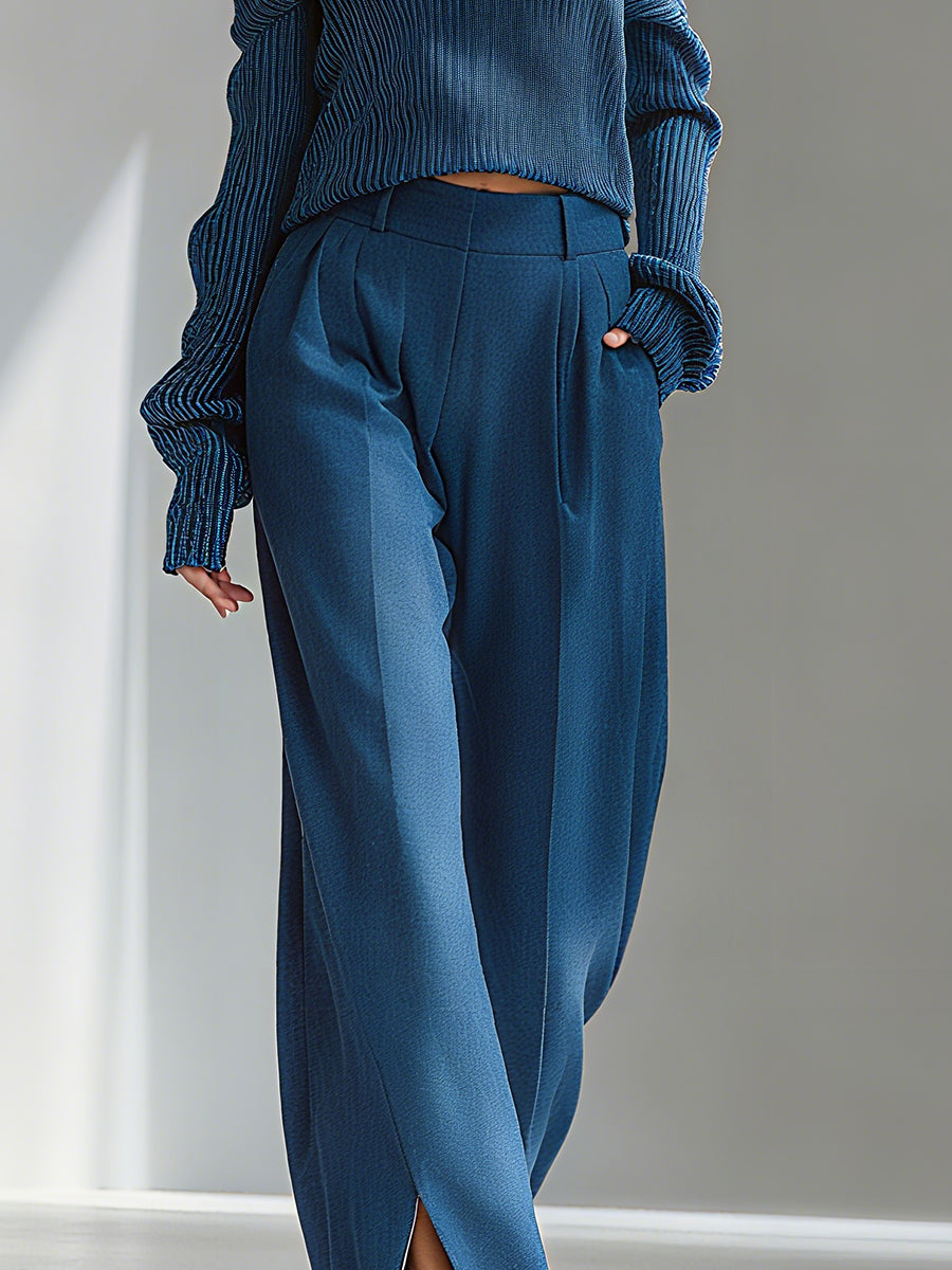 Women's Blue Elegant Ribbed Knit Cold - Shoulder Sweater And Wide - Leg Pants Set