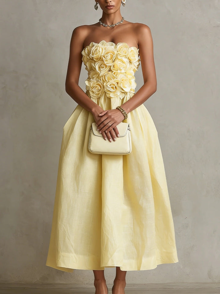Vestido Midi Amarelo com Flores 3D e Sem Alças