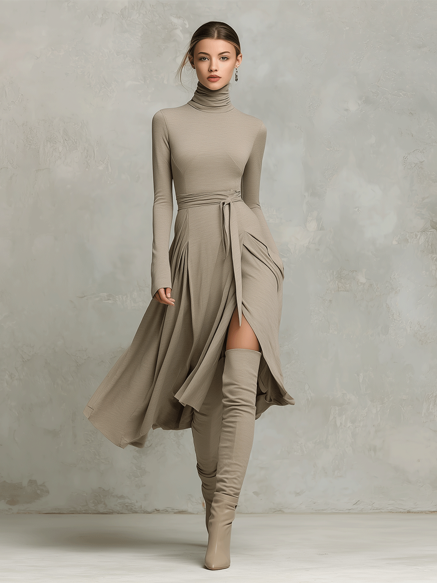 Women’s Elegant Figure-flattering Long Sleeves Knit Blend Midi Dress