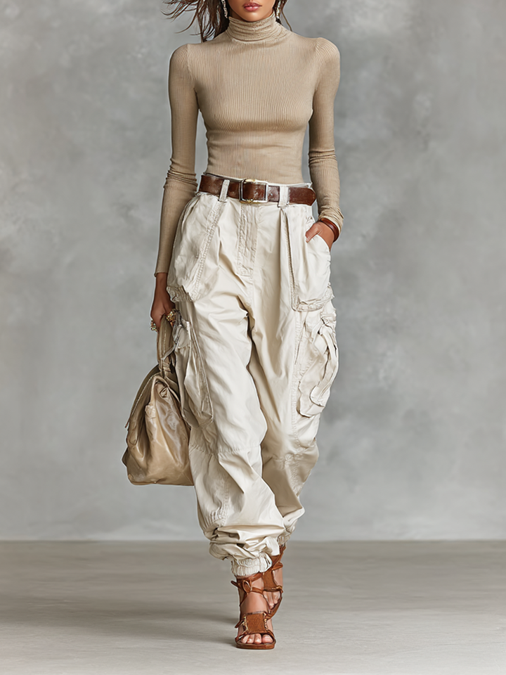 Women's Tight High Neck Long Sleeve T-shirt Multi-pocket Cargo Pants Two-piece Set (without Belt)
