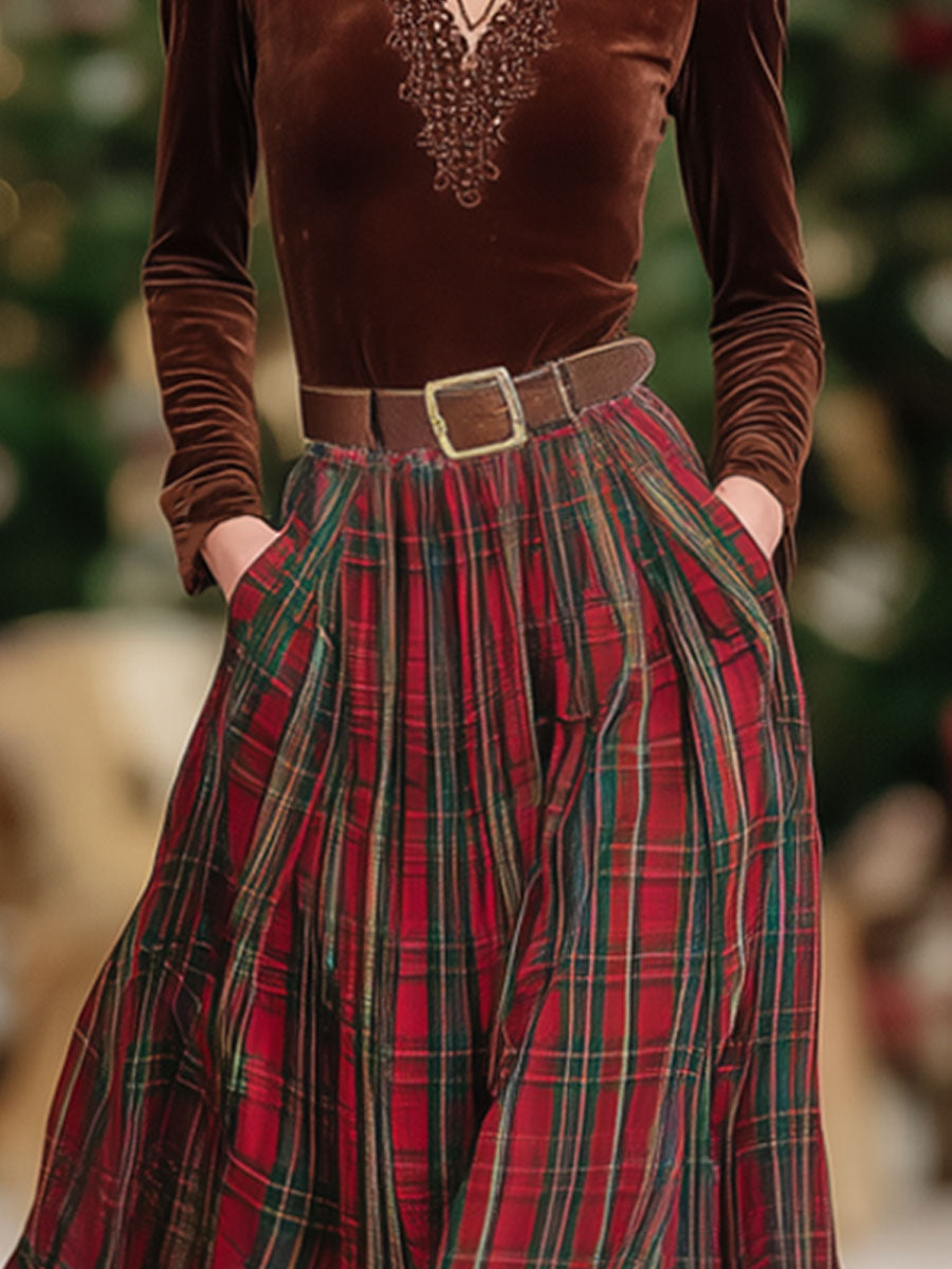 V-neck Lace Long-sleeved T-shirt And Red Plaid Skirt Set