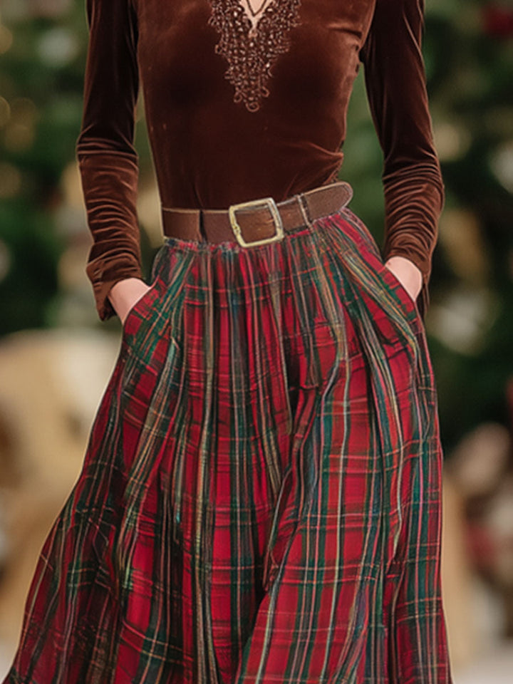 V-neck Lace Long-sleeved T-shirt And Red Plaid Skirt Set