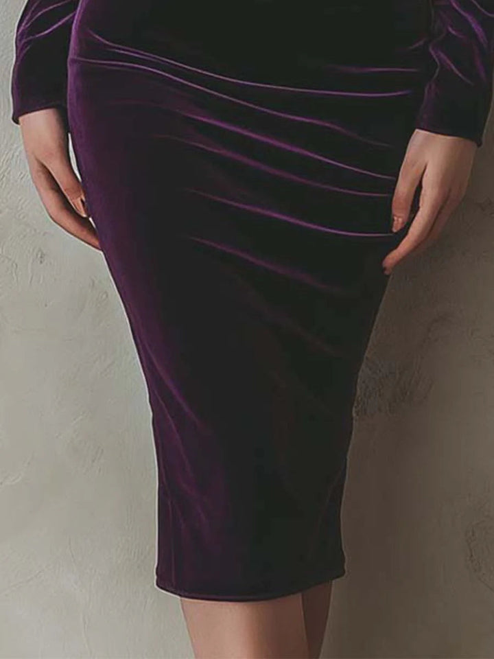 Elegant purple velvet slim-fit long-sleeved midi dress