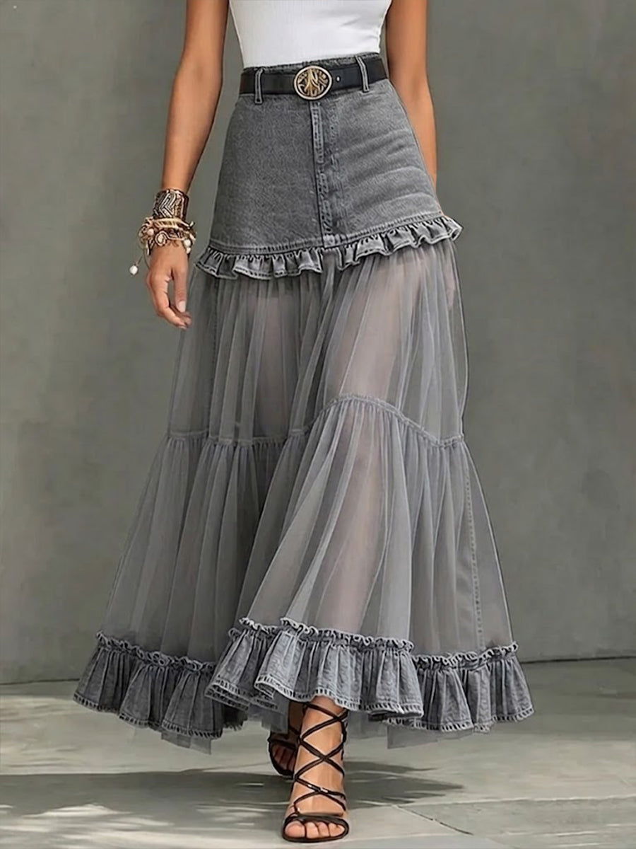 Kaswal na Palda na May Denim na Panel at Ruffled na Chiffon