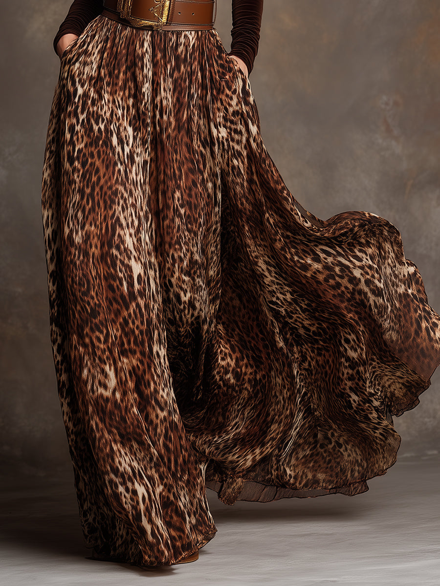 Elegant Turtleneck Velvet Top & Leopard Print Long Skirt Set With Belt