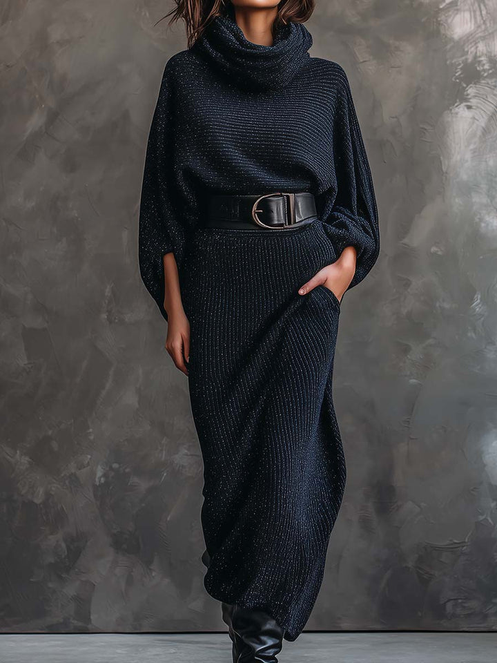 Midnight Blue Sparkle Knitted Batwing Turtleneck Maxi Dress