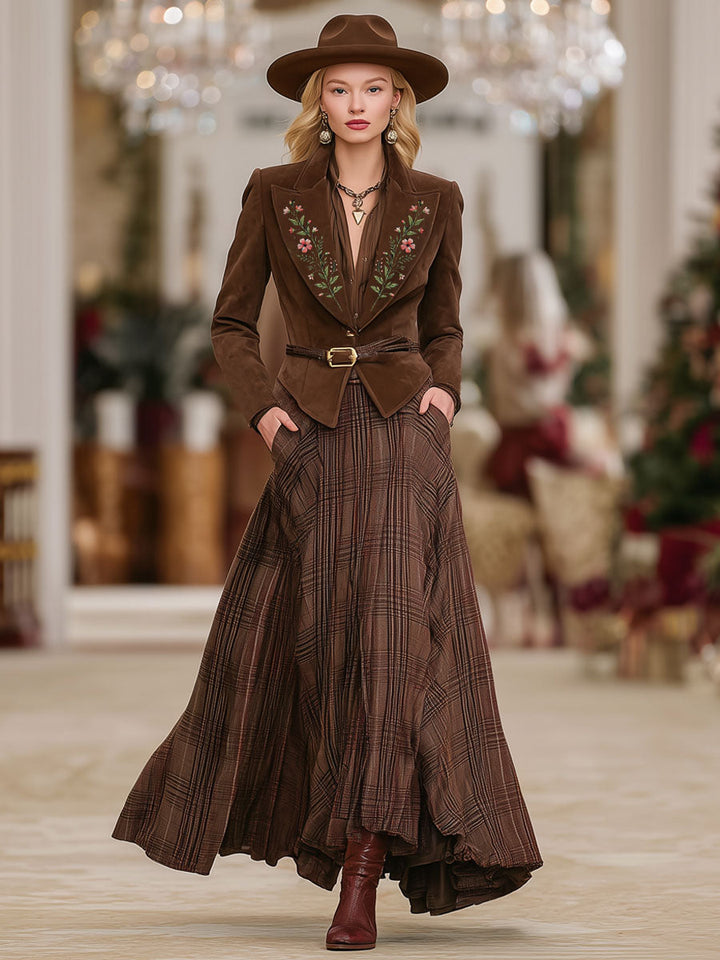 Retro Brown Plaid Double Pocket Elastic Waist Skirt