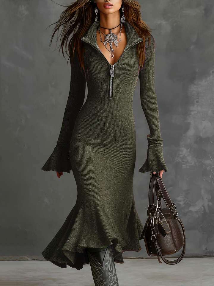 Retro Zipper Neck Trumpet Sleeve Knitted Midi Dress
