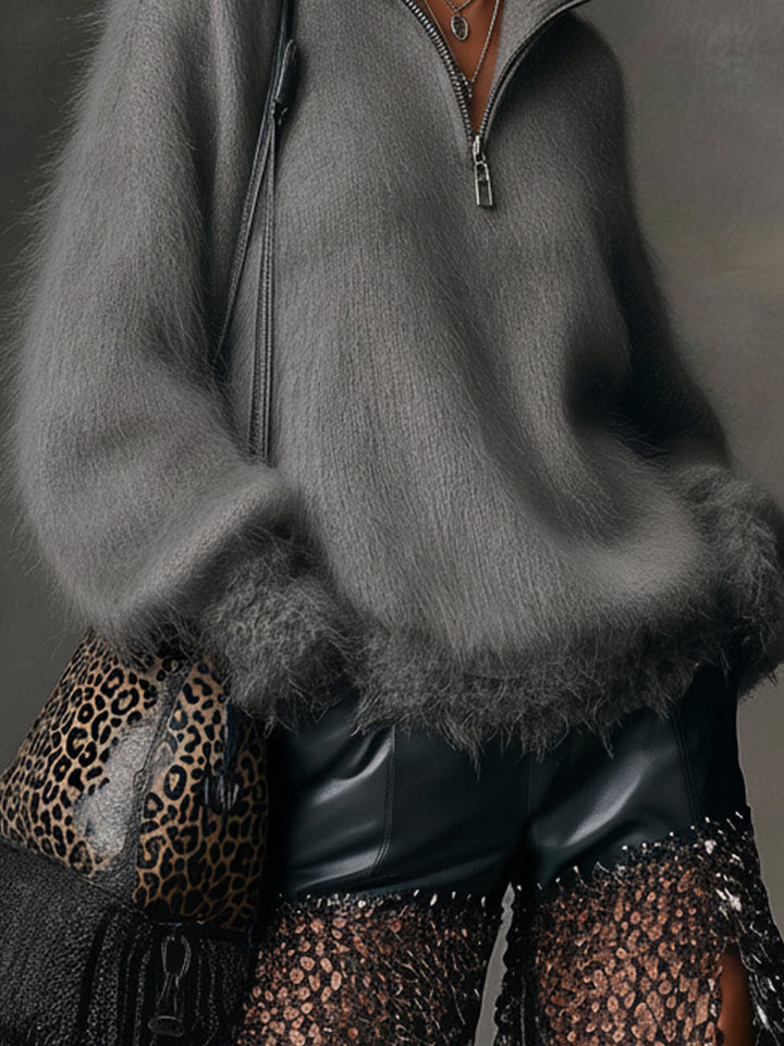 Charcoal Gray Loose Fit Faux Mink Knit Half Zip Long Sleeve Sweater