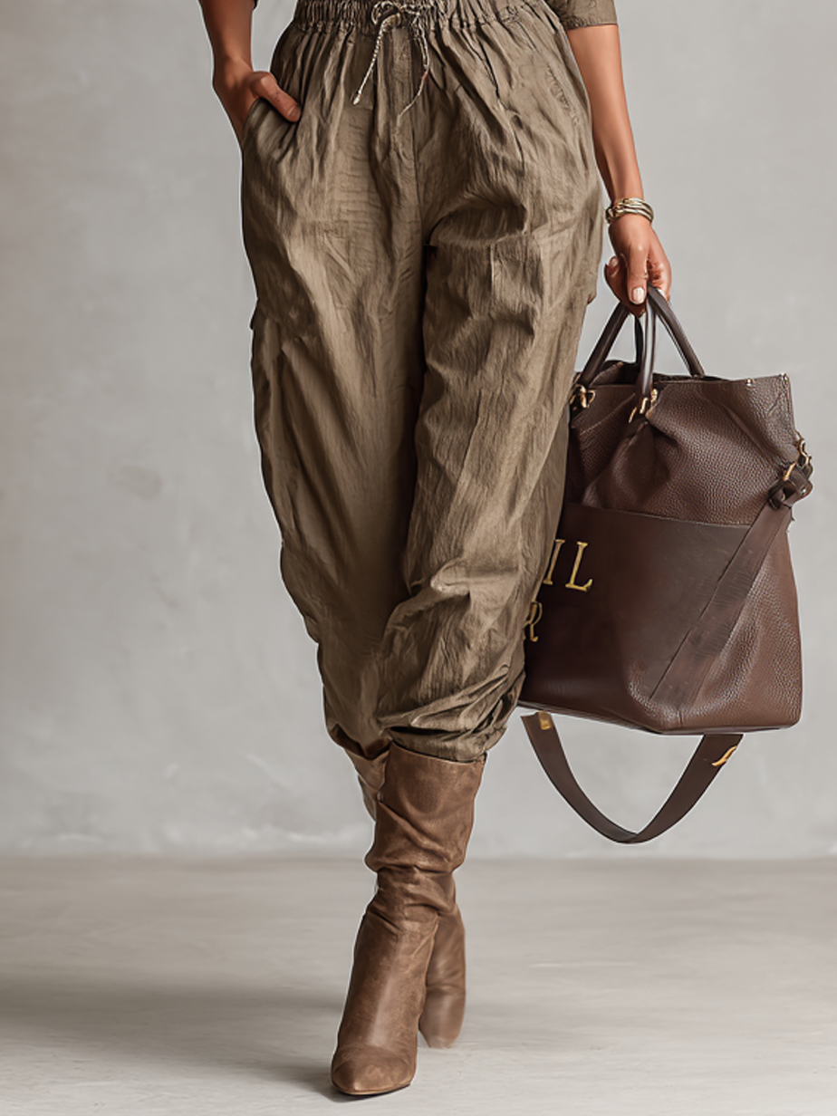 Women's Casual Shirt Collar Button Drawstring Jumpsuit