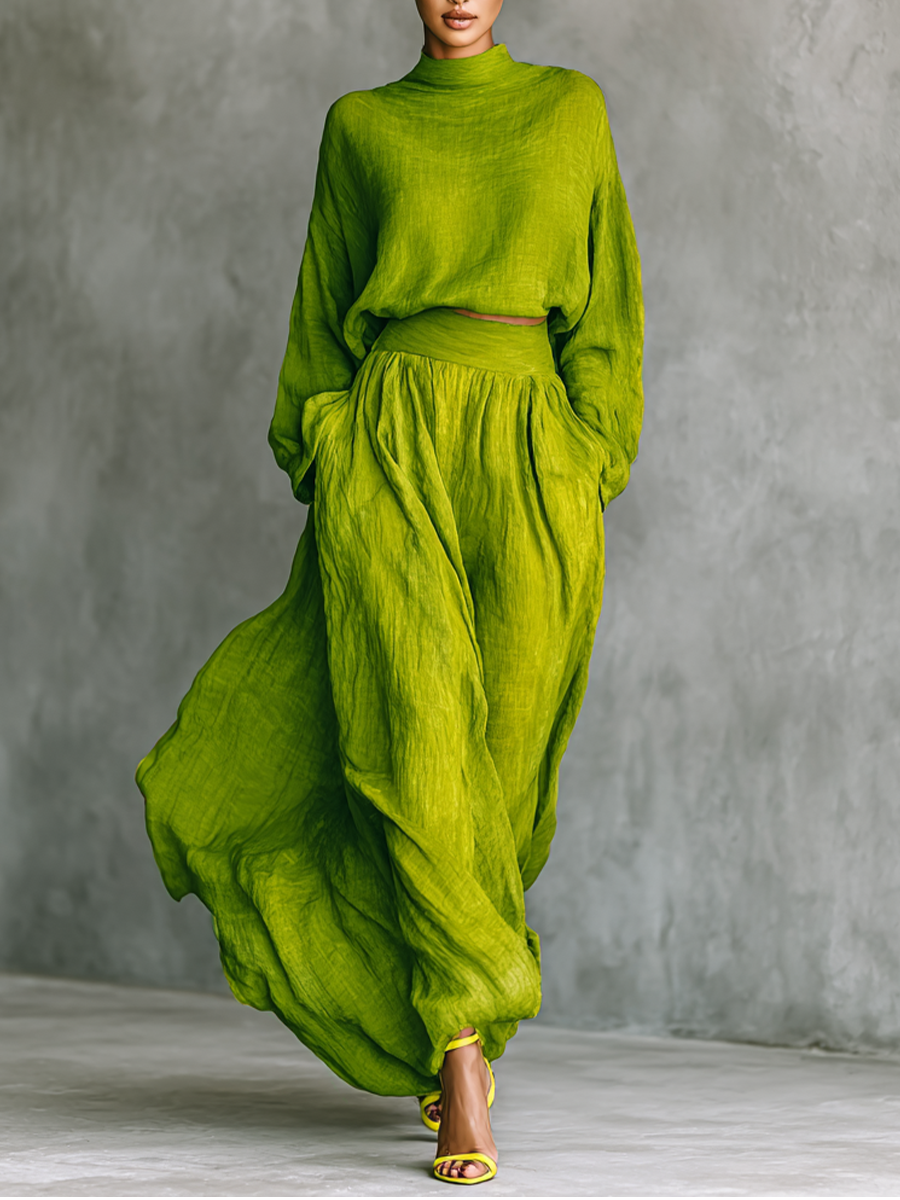 Women's Green Turtleneck Top and Maxi Skirt Set