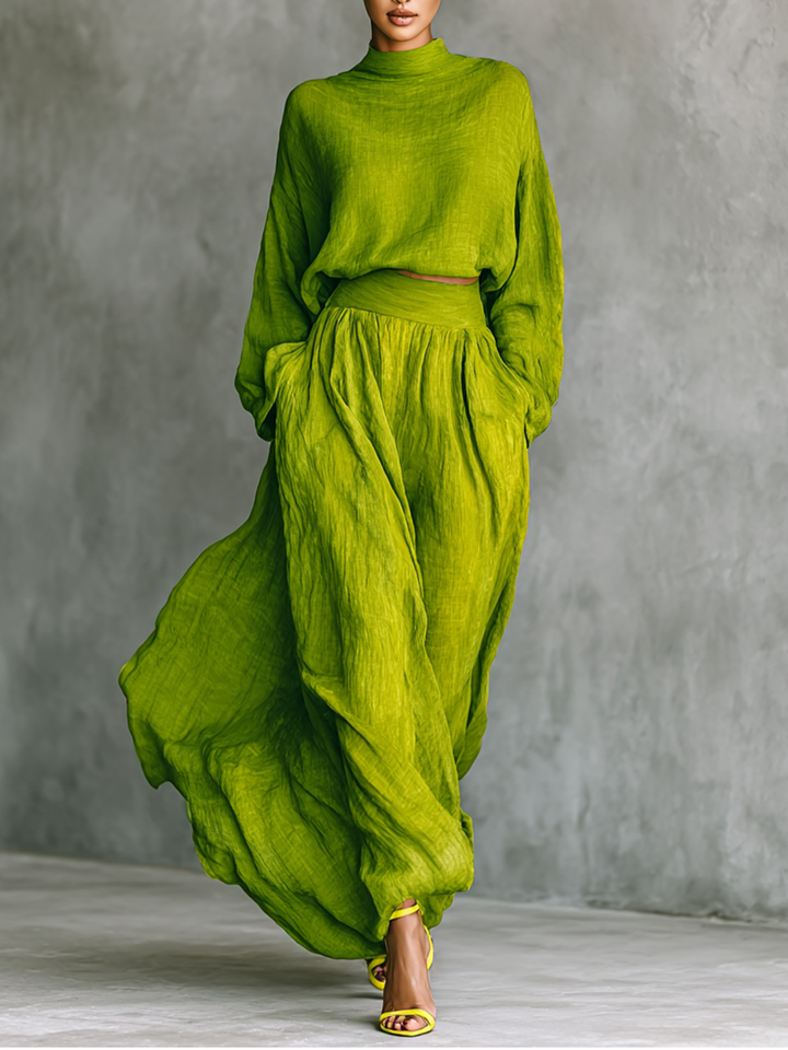 Women's Green Turtleneck Top and Maxi Skirt Set