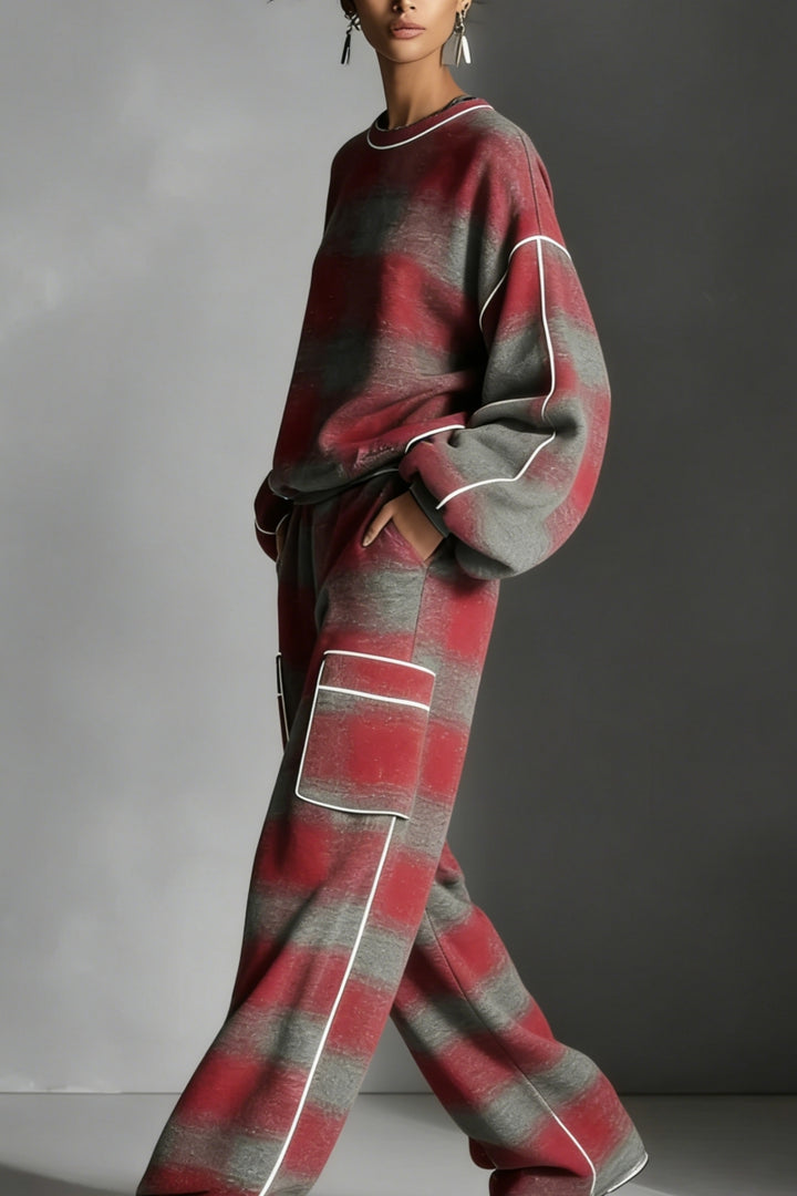 Rood-Grijs Geruit Contrast Trainingspak Set