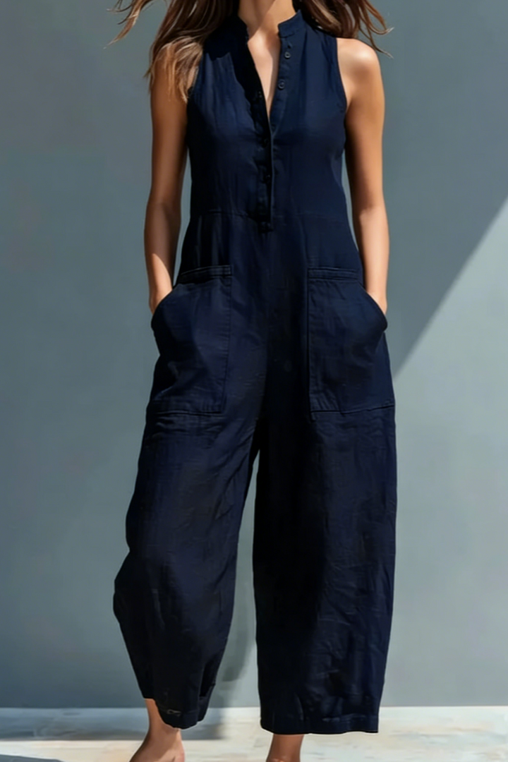 Black Linen-Blend Stand Collar Sleeveless Jumpsuit