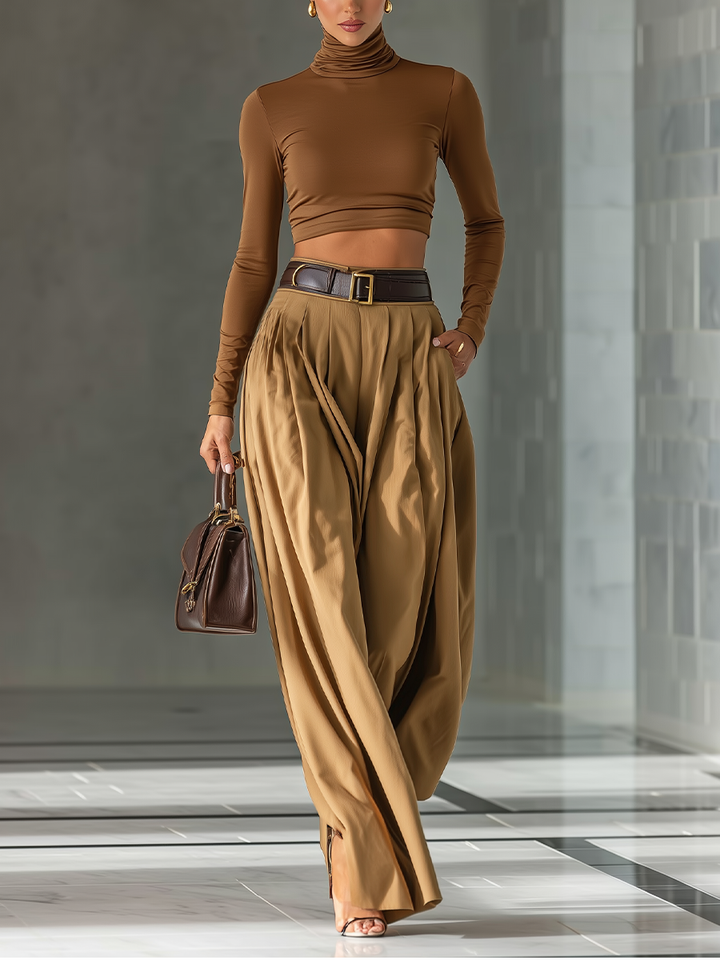 Women's Blended Brown Top And Wide-leg Pants Set