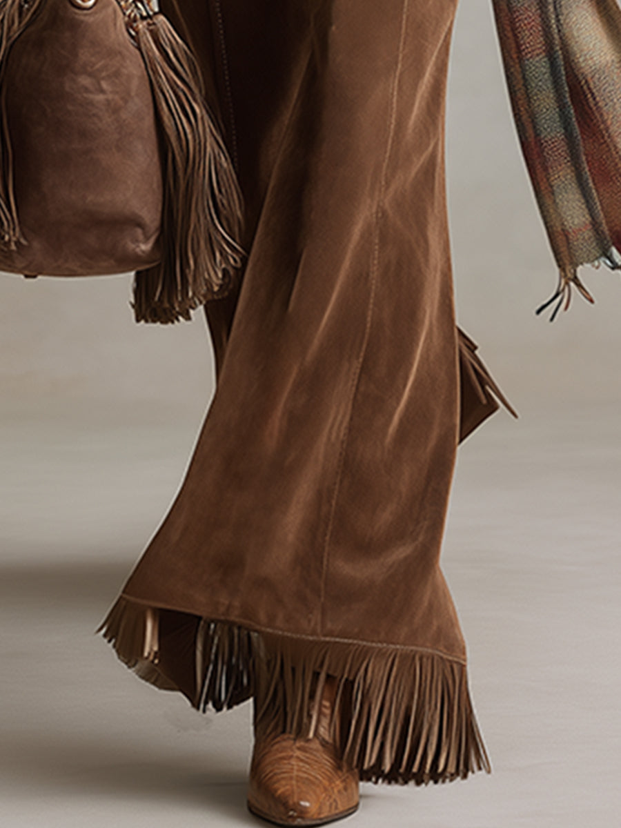 Retro Versatile Brown Faux Suede Tassel Flared Pants