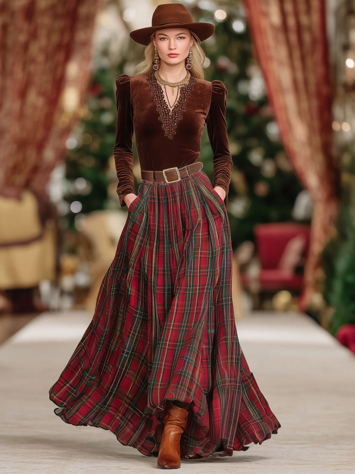 V-neck Lace Long-sleeved T-shirt And Red Plaid Skirt Set