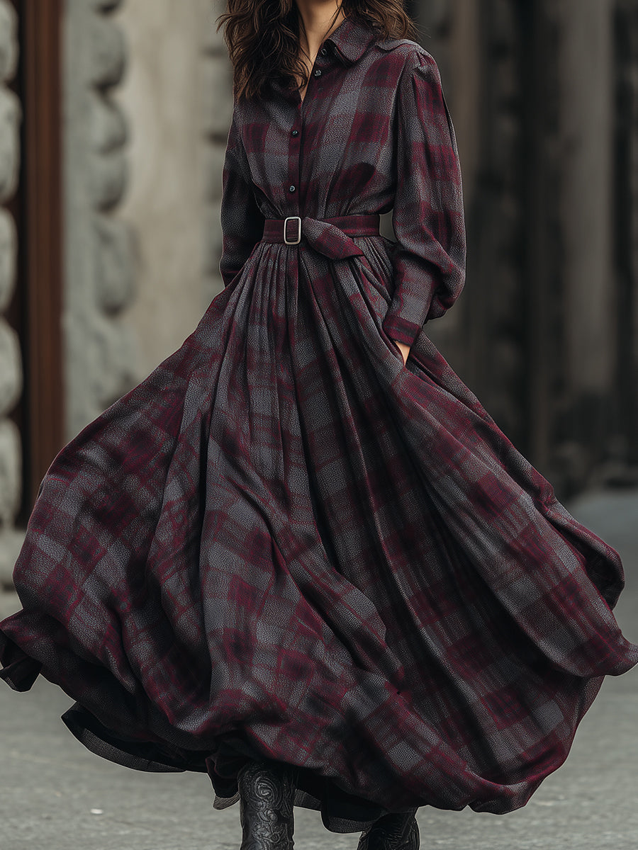 Retro Elegant Plaid Printed Lantern Sleeve Shirt Maxi Dress With Belt