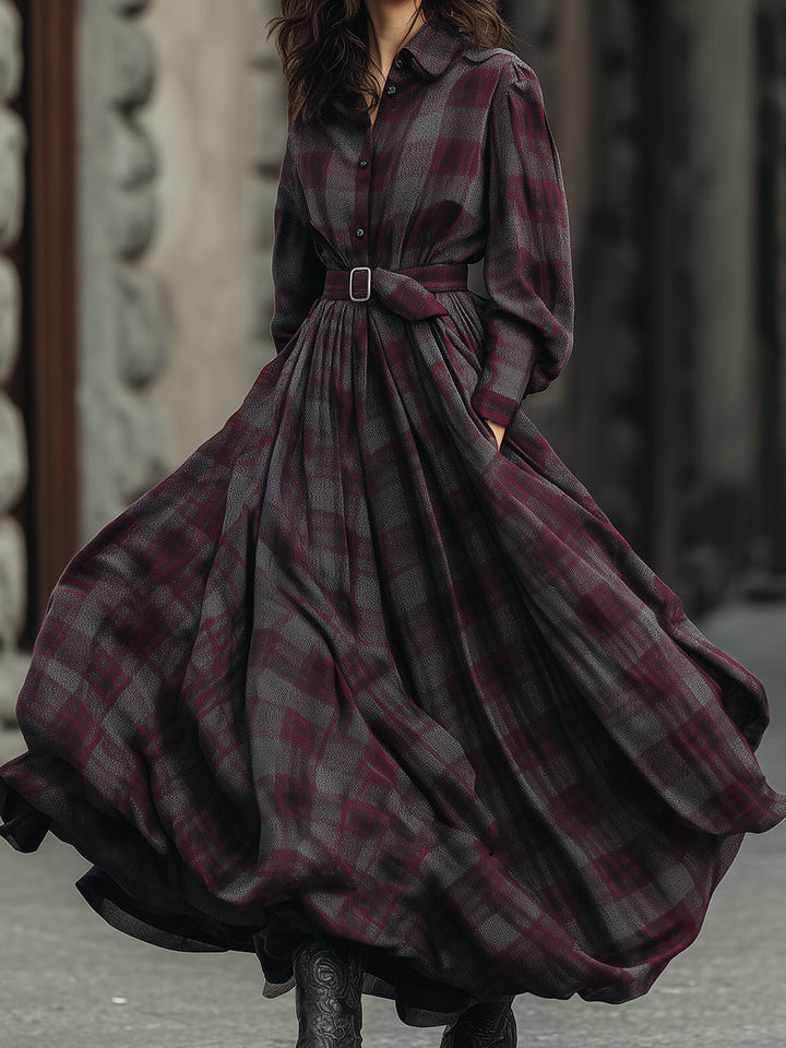 Retro Elegant Plaid Printed Lantern Sleeve Shirt Maxi Dress With Belt