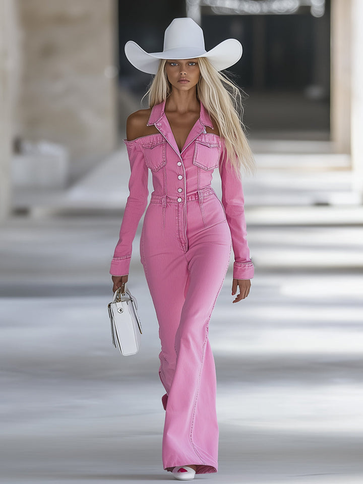 Fashionable Personalized Lapel Pink Denim Off-the-shoulder Long-sleeved Flared Jumpsuit