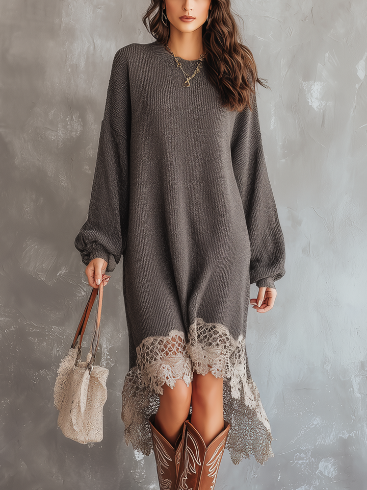 Retro Loose Lace Hem Knitted Midi Dress