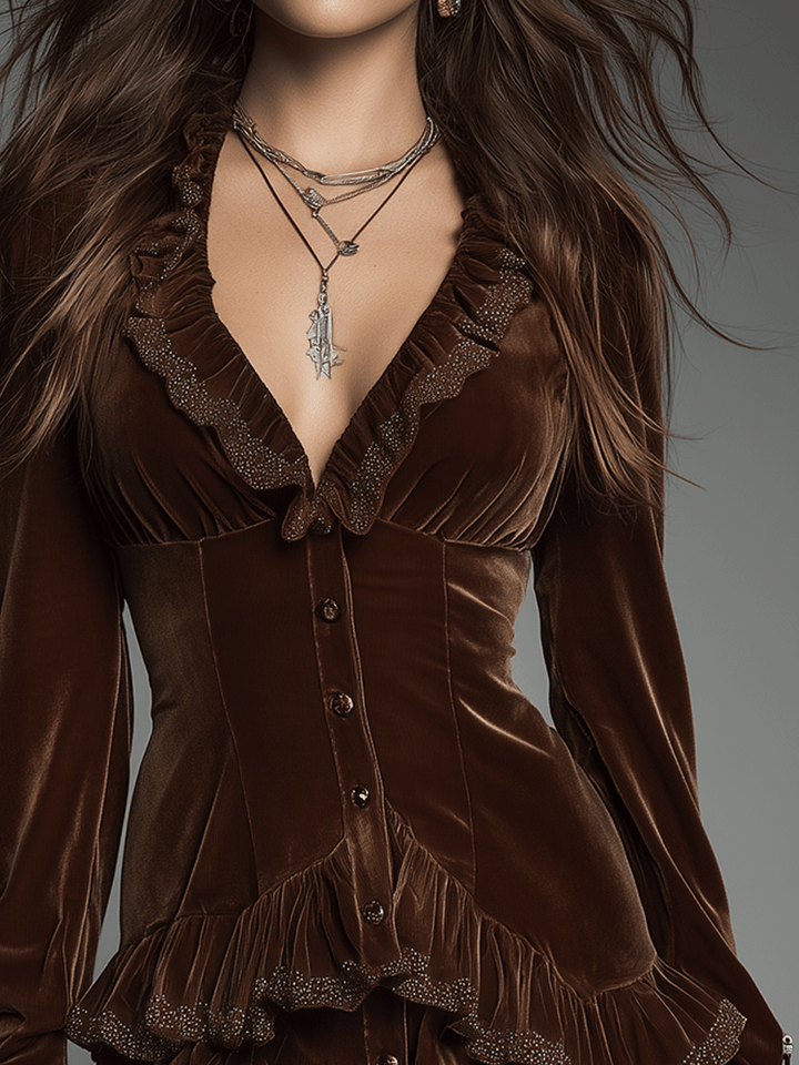 Romantic Boho Chocolate Brown Velvet Ruffle Mini Dress