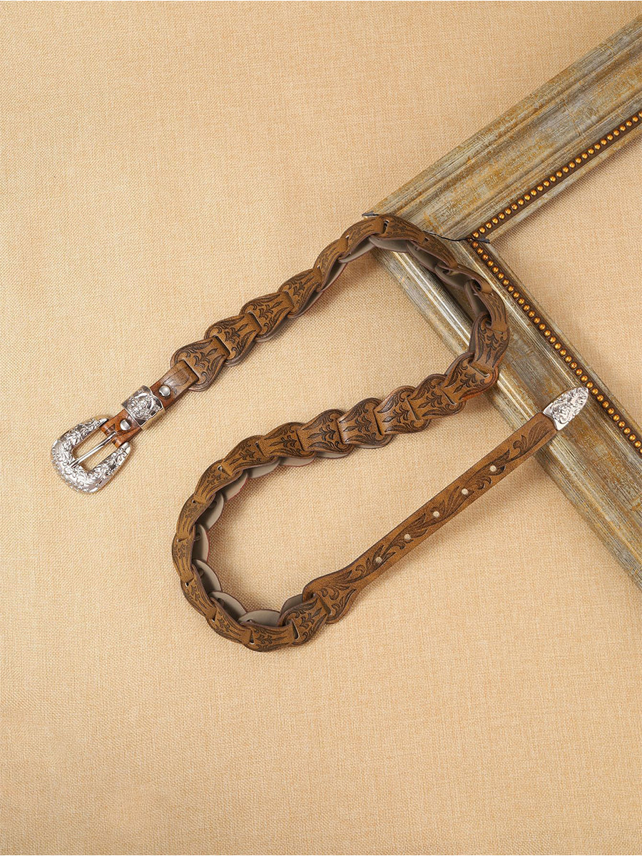 Women's Elegant Western - Style Faux Leather Floral - Embossed Waist Belt