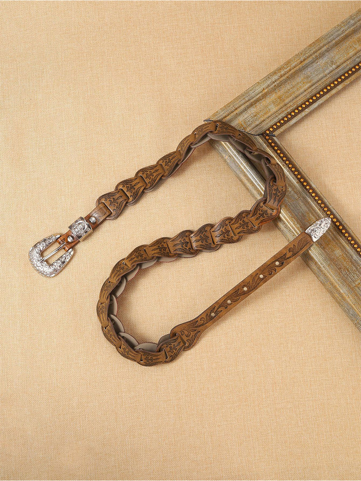 Women's Elegant Western - Style Faux Leather Floral - Embossed Waist Belt