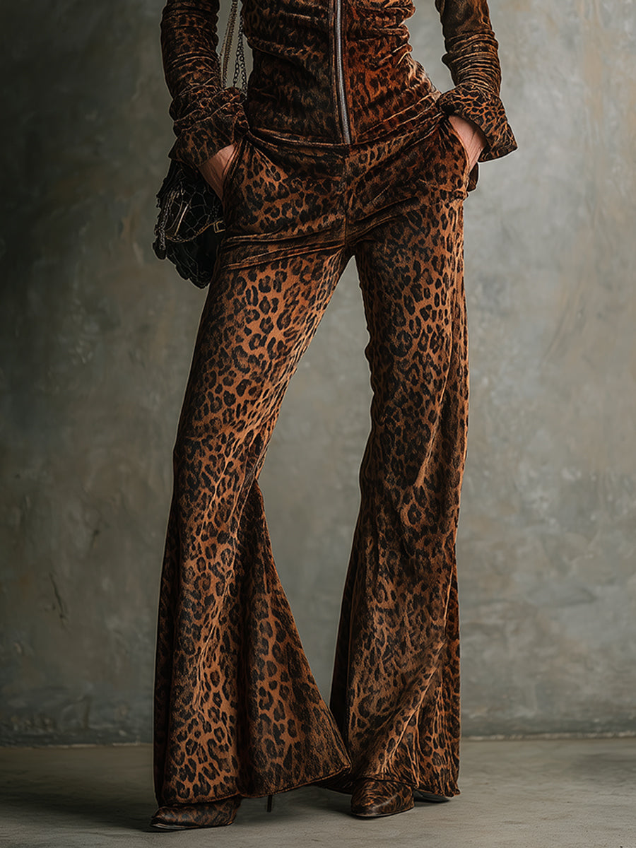 Vintage Velvet Leopard Print Stand Collar Top & Flared Pants Set