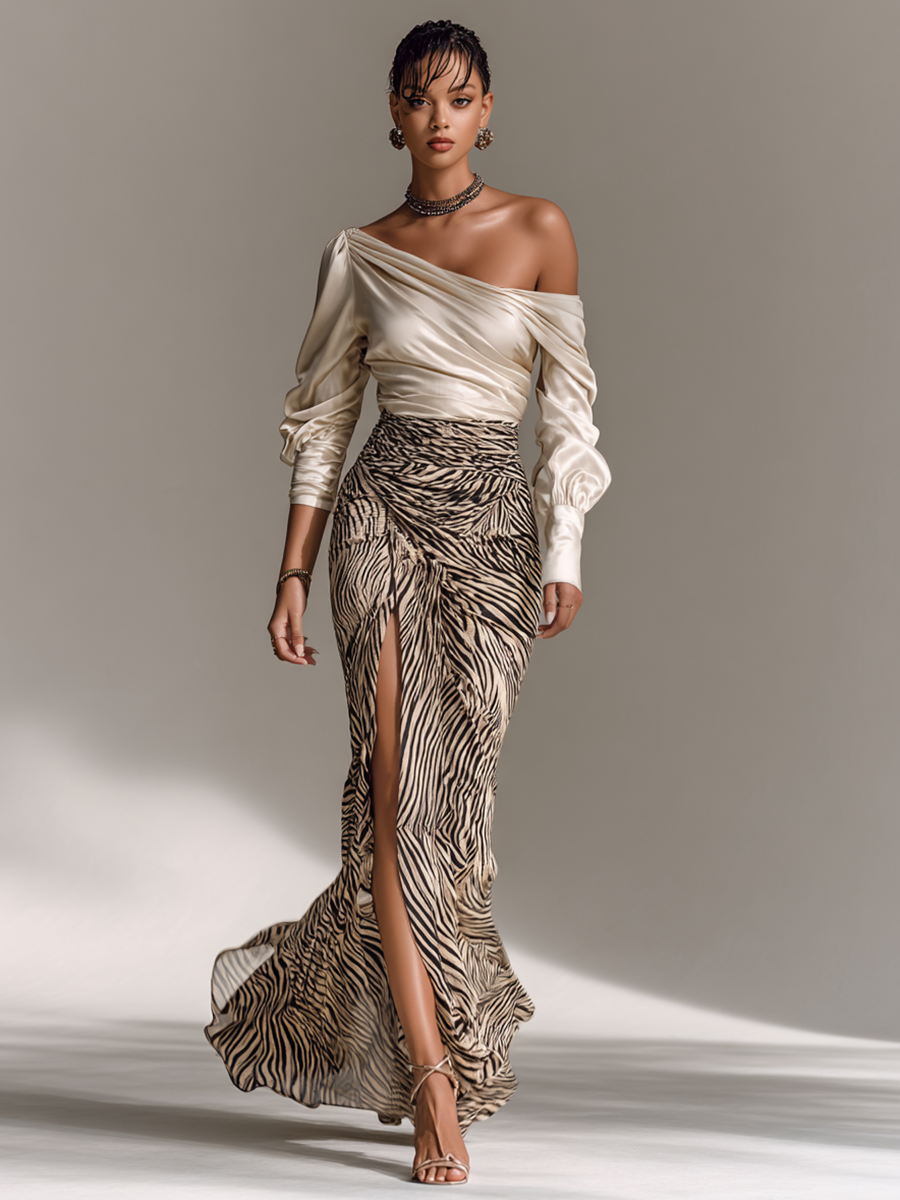 Women's Satin Off-shoulder Long-sleeved Top With Zebra Print Hip-wrapped Slit Skirt Two-piece Set