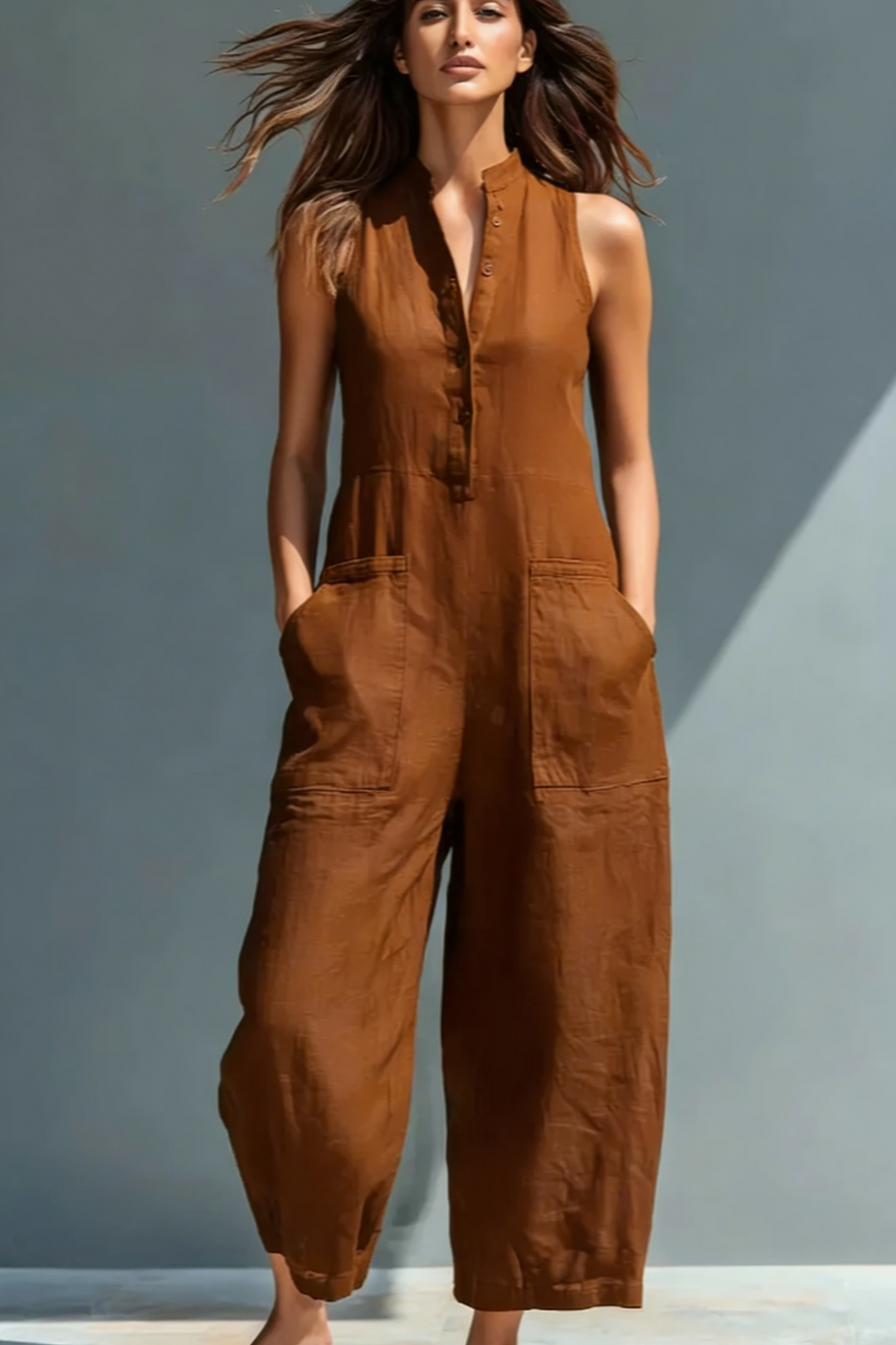 Black Linen-Blend Stand Collar Sleeveless Jumpsuit