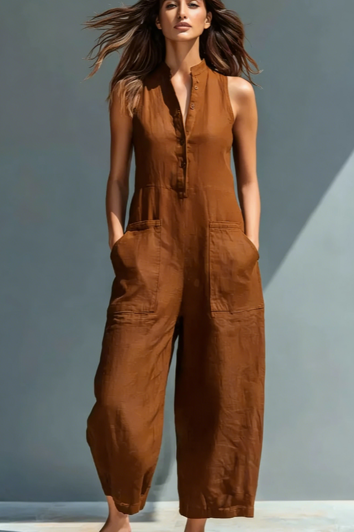 Black Linen-Blend Stand Collar Sleeveless Jumpsuit