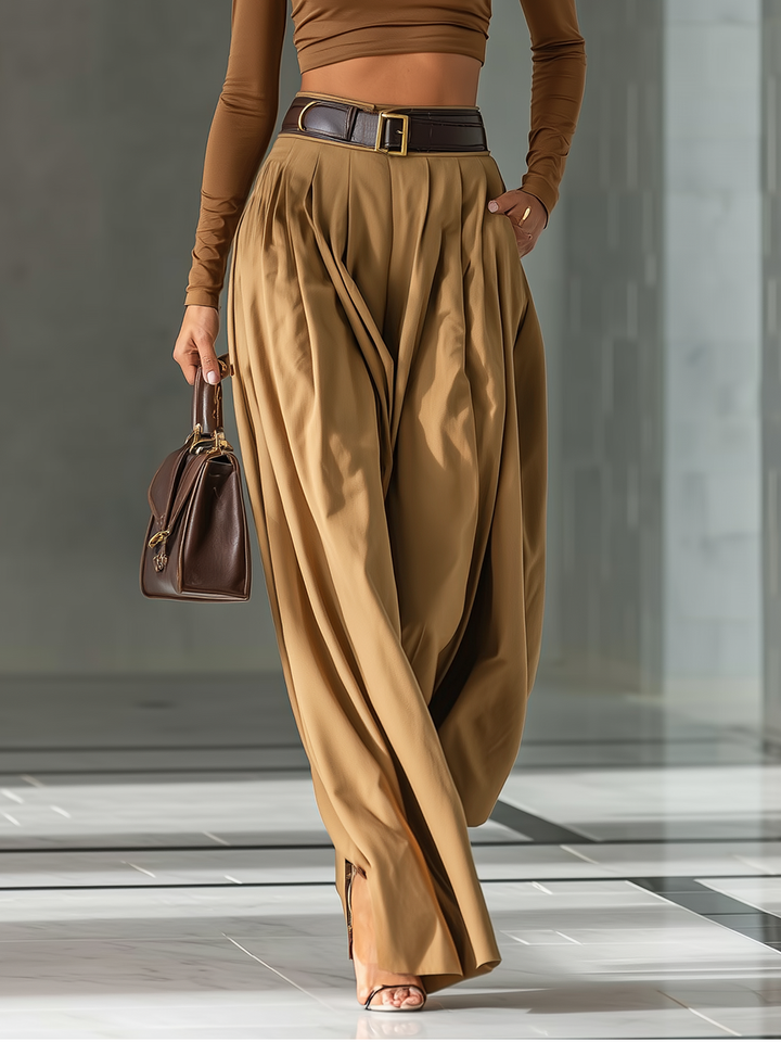Women's Blended Brown Top And Wide-leg Pants Set