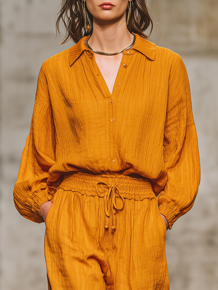 Casual Retro Orange Shirt And Pants Set