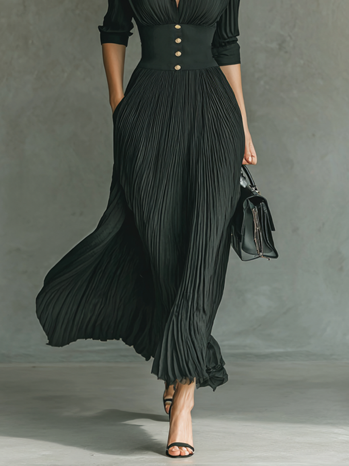 Robe longue à manches longues, taille plissée, col à revers, couleur unie