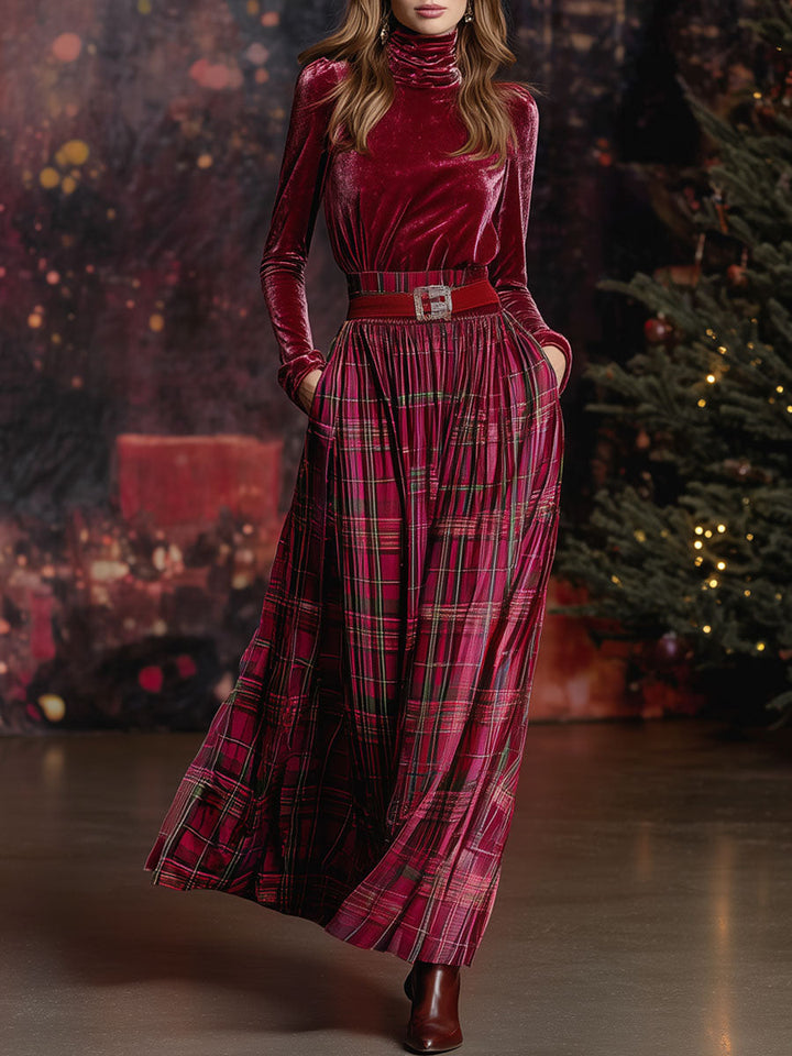 Festive Retro Red Velvet Turtleneck Plaid Skirt Set