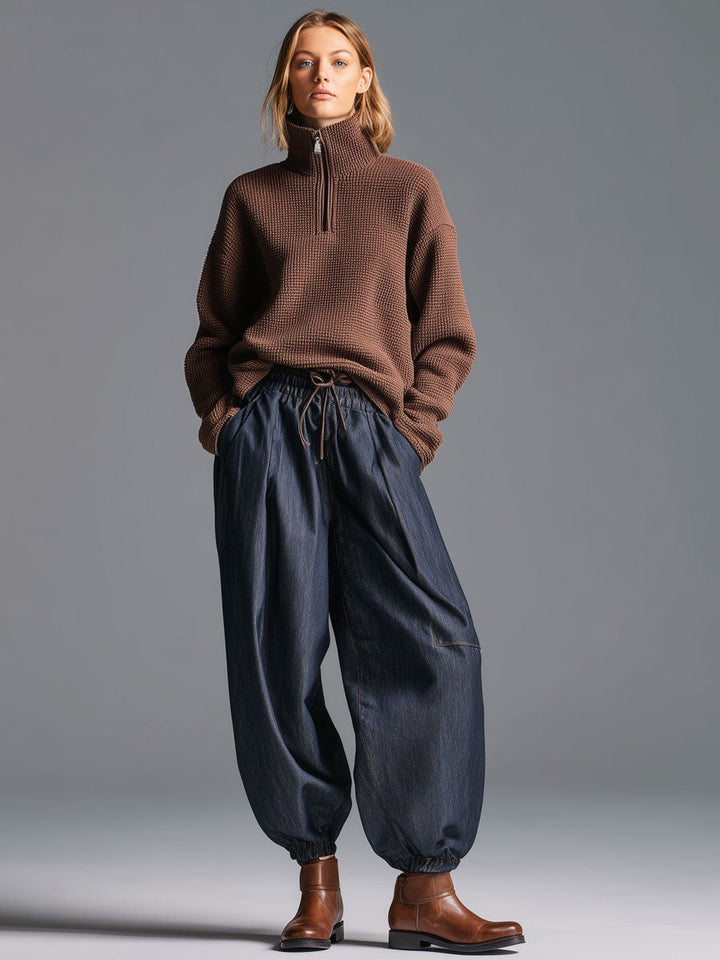 Módní retro elastické džíny s lampasovými nohavicemi námořnické modré barvy