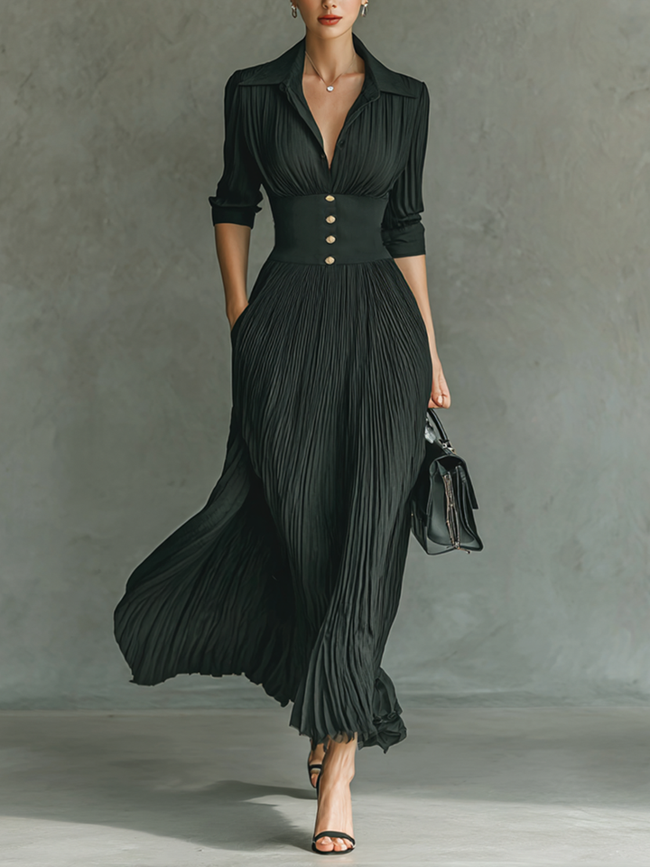 Robe longue à manches longues, taille plissée, col à revers, couleur unie