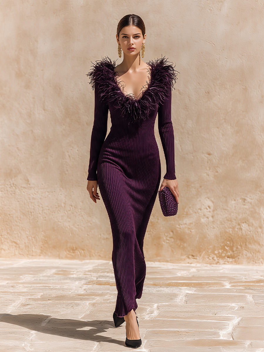 Feather-Trim V-Neck Maxi Dress