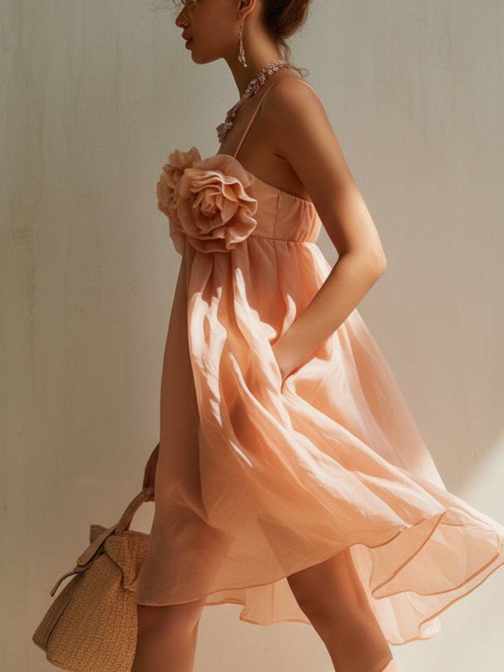 Růžové mini šaty s 3D květinovým vzorem z bavlny