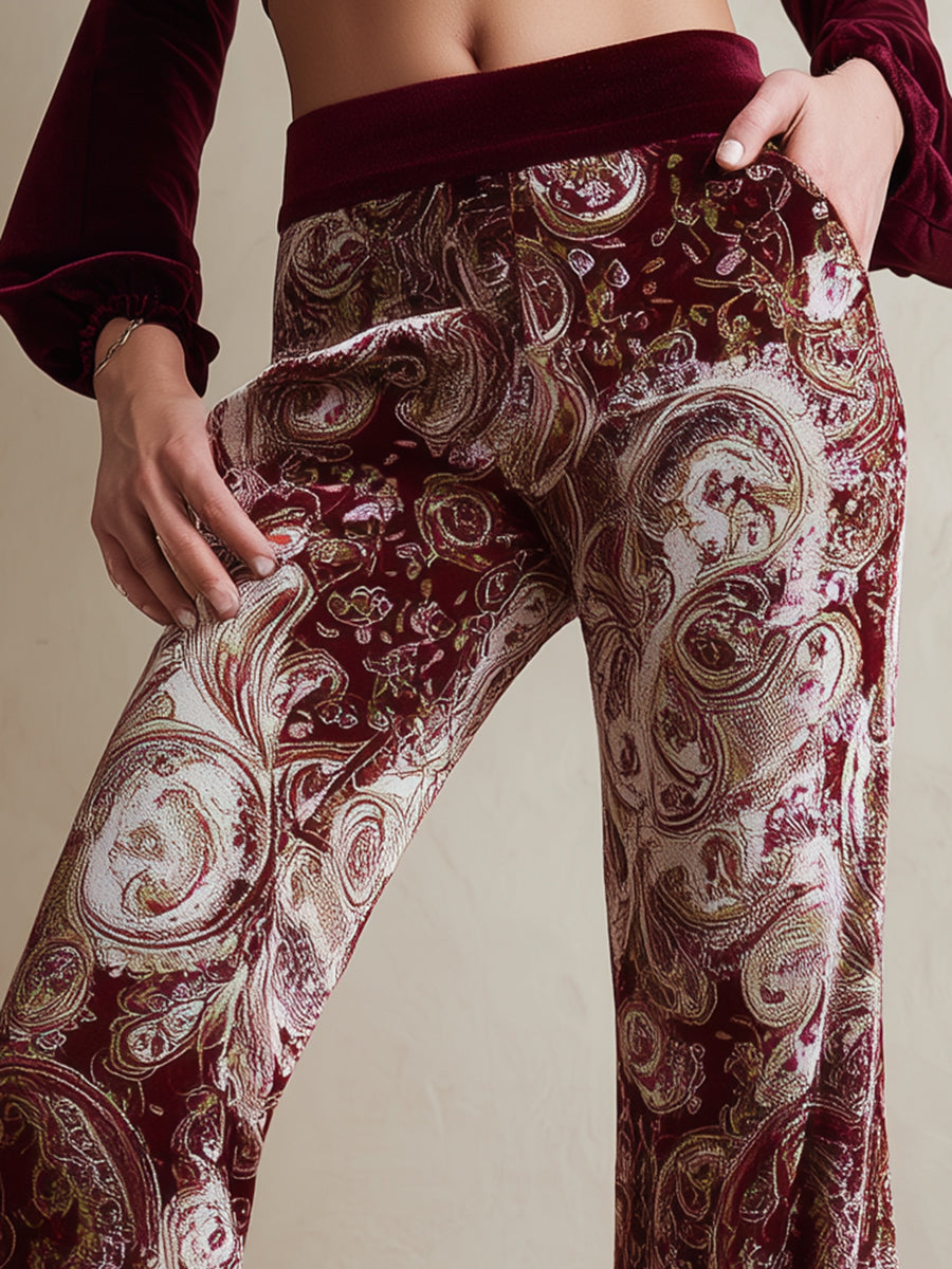 Vintage Western Paisley Print Burgundy Velvet Flared Pants