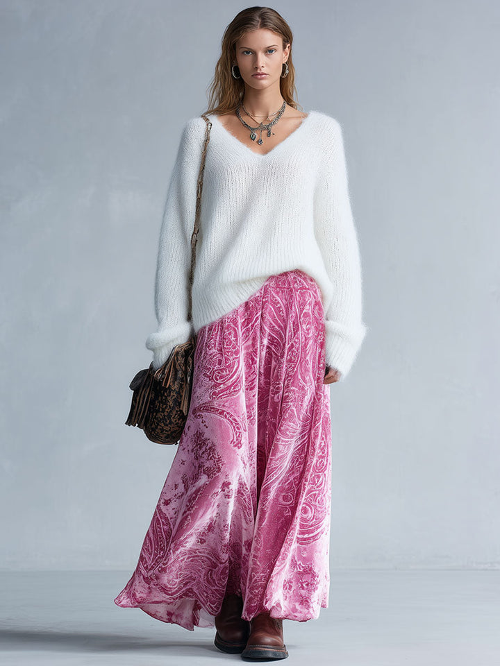 Fashion Retro Paisley Pink Velvet Elastic Waist Skirt