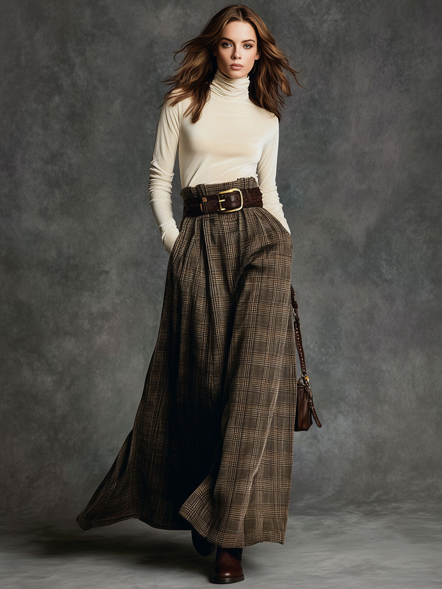 Vintage Turtleneck Velvet Top And Plaid Skirt Set