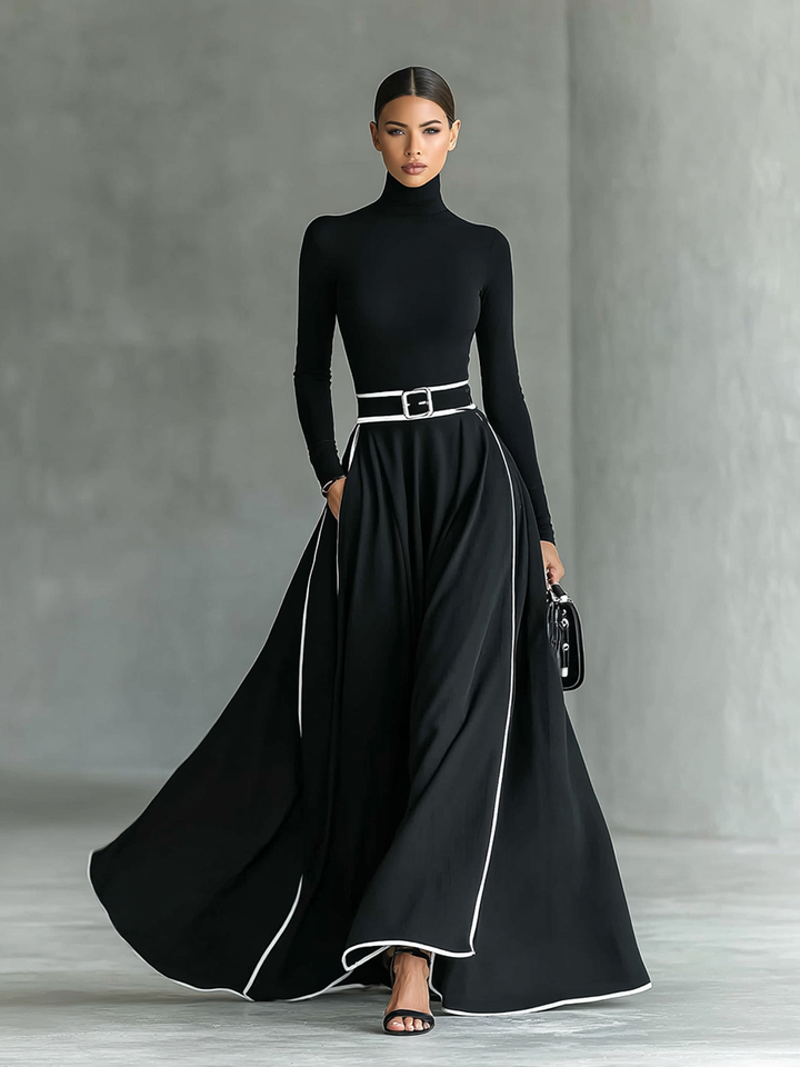 Women's Black Stitching White Trim High Collar Long Sleeve Tight Belt Maxi Dress