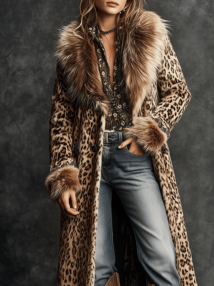 Vintage Boho Leopard  Faux Fur Longline Coat
