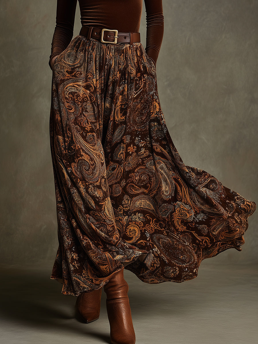 Vintage Stretch Velvet Top & Paisley Print Long Skirt Set With Belt
