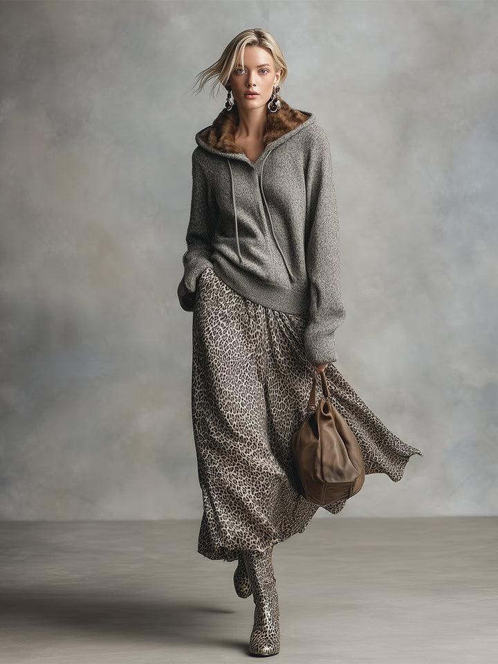 Elegant And Versatile Gray Leopard Print A-line Skirt